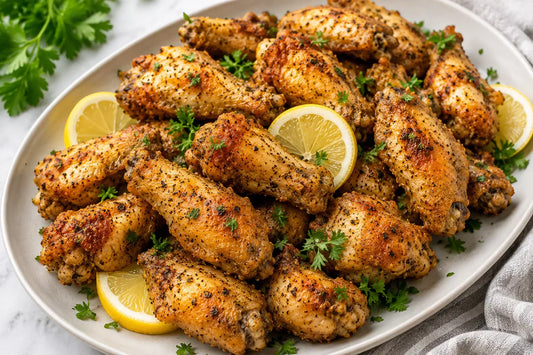 Crispy lemon pepper chicken wings served on a platter with fresh parsley and lemon slices